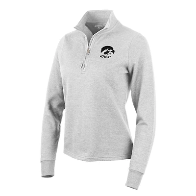 Sweat-shirt à col zippé Antigua Heather Gray pour femme, modèle Iowa Hawkeyes.