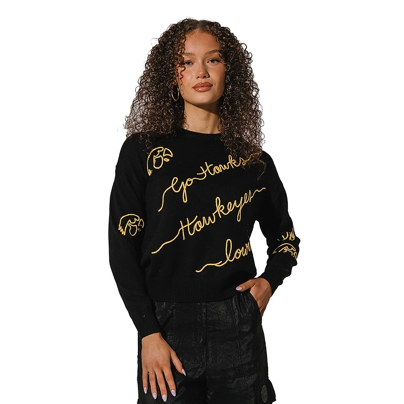 Women's Black Iowa Hawkeyes Love Note Embroidered Pullover Sweater