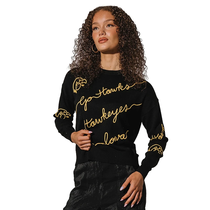 Women's Black Iowa Hawkeyes Love Note Embroidered Pullover Sweater