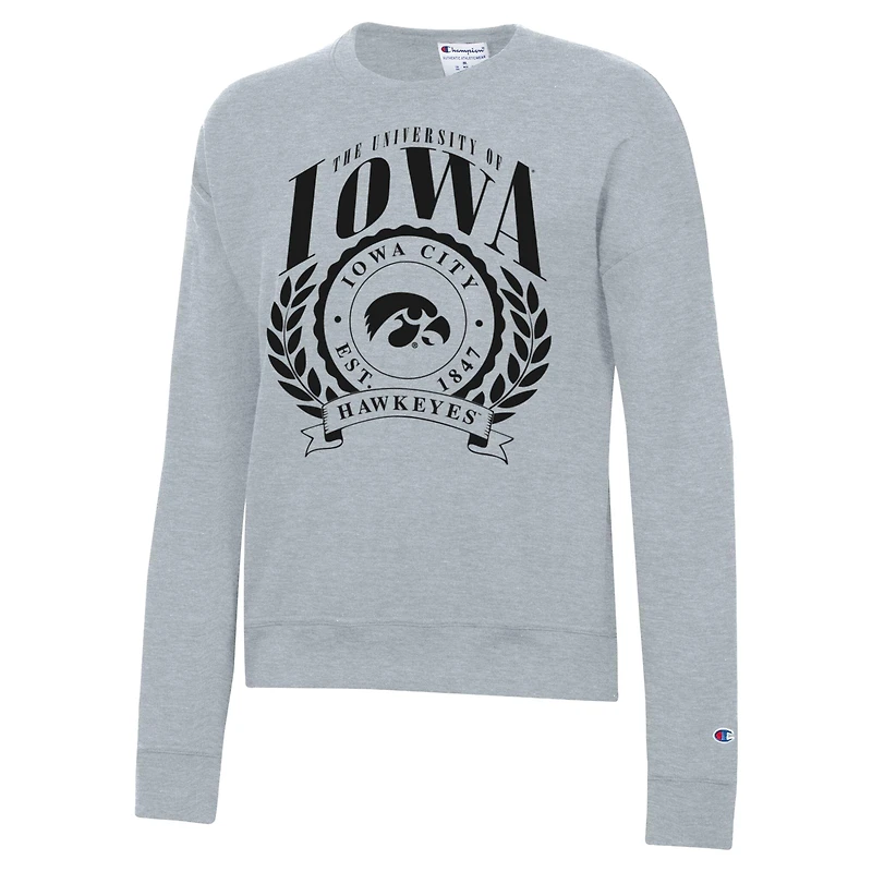 Sweat-shirt à col rond Powerblend gris chiné pour femme, modèle Champion Iowa Hawkeyes Academic Crest.