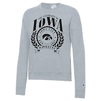 Sweat-shirt à col rond Powerblend gris chiné pour femme, modèle Champion Iowa Hawkeyes Academic Crest.