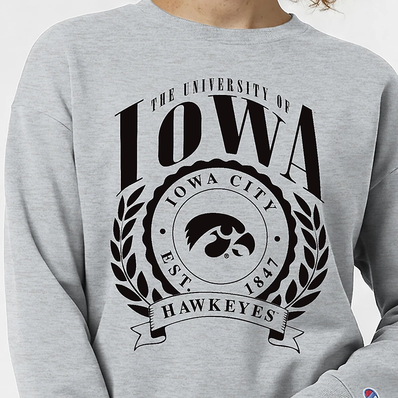 Women's Champion  Heather Gray Iowa Hawkeyes Academic Crest Powerblend Crewneck Sweatshirt