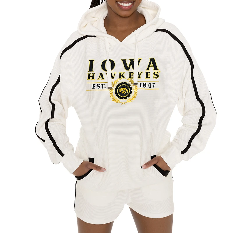 Women's Gameday Couture Cream Iowa Hawkeyes Down, Set, Go Pullover Hoodie and Shorts Set