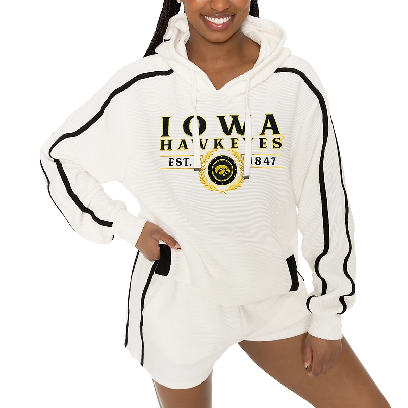 Women's Gameday Couture Cream Iowa Hawkeyes Down, Set, Go Pullover Hoodie and Shorts Set