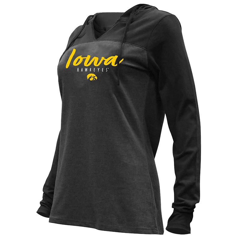 Women's Heather Charcoal Iowa Hawkeyes Knockout Color Block Hooded V-Neck Long Sleeve T-Shirt