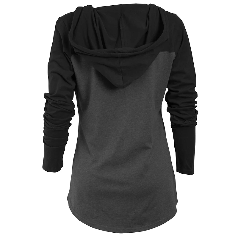 Women's Heather Charcoal Iowa Hawkeyes Knockout Color Block Hooded V-Neck Long Sleeve T-Shirt
