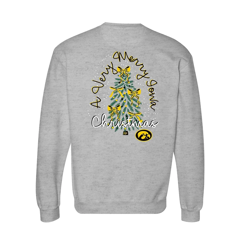 Women's  Heather Gray Iowa Hawkeyes Classic Merry Christmas Tree Crewneck Sweatshirt