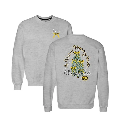 Women's  Heather Gray Iowa Hawkeyes Classic Merry Christmas Tree Crewneck Sweatshirt