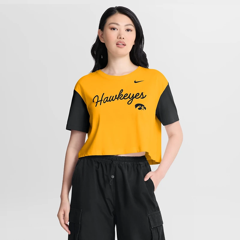 Women's Nike Gold/Black Iowa Hawkeyes Color-Block Script Dri-FIT Cropped T-Shirt