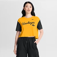 Women's Nike Gold/Black Iowa Hawkeyes Color-Block Script Dri-FIT Cropped T-Shirt