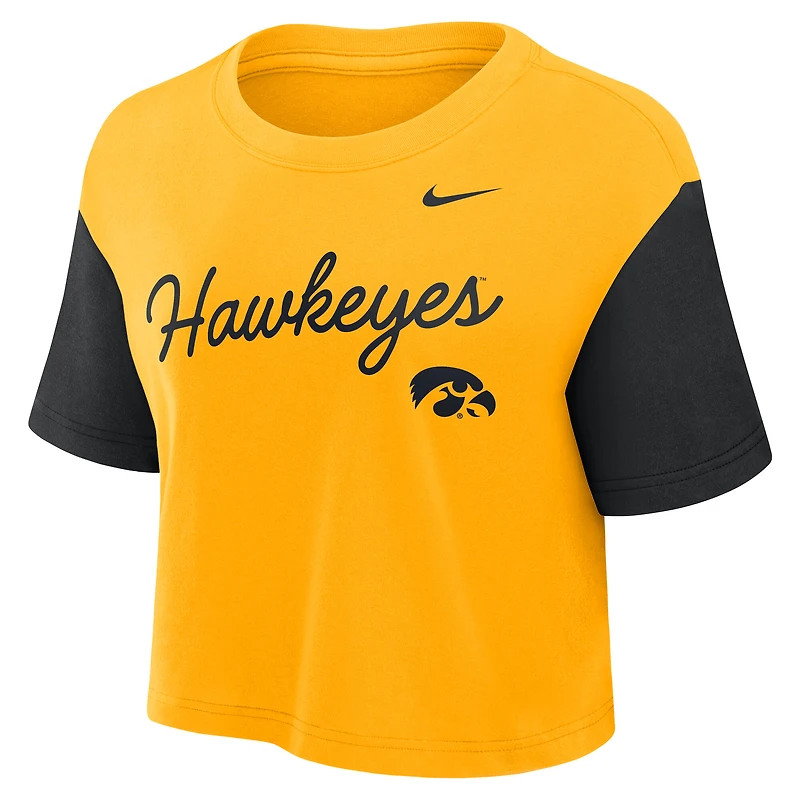 Women's Nike Gold/Black Iowa Hawkeyes Color-Block Script Dri-FIT Cropped T-Shirt