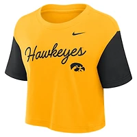 Women's Nike Gold/Black Iowa Hawkeyes Color-Block Script Dri-FIT Cropped T-Shirt