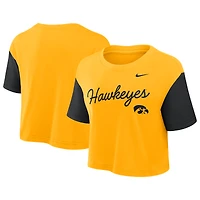 T-shirt court Nike Iowa Hawkeyes Dri-FIT à blocs de couleurs pour femme, couleur or/noir