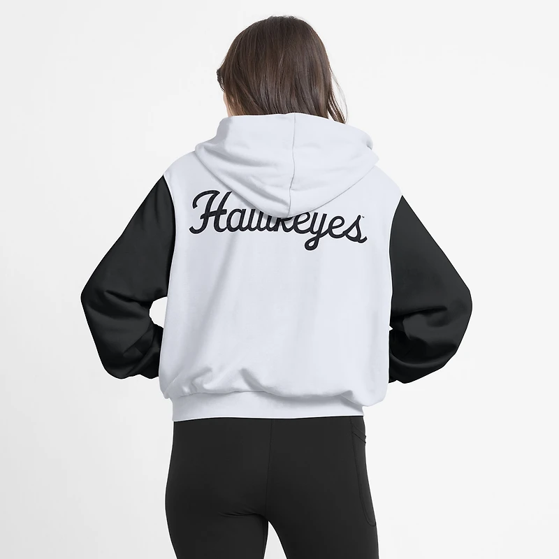 Sweat à capuche court Nike Iowa Hawkeyes blanc imprimé color-block pour femme, entièrement zippé