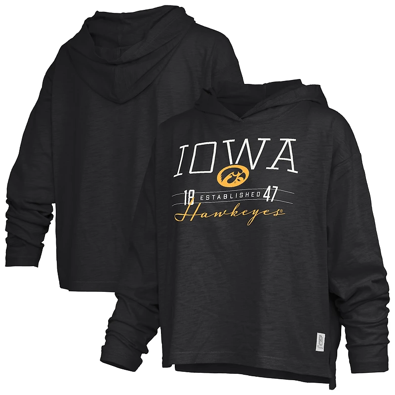 Women's Pressbox  Black Iowa Hawkeyes Castillo Slub Waist Length Long Sleeve Hooded T-Shirt