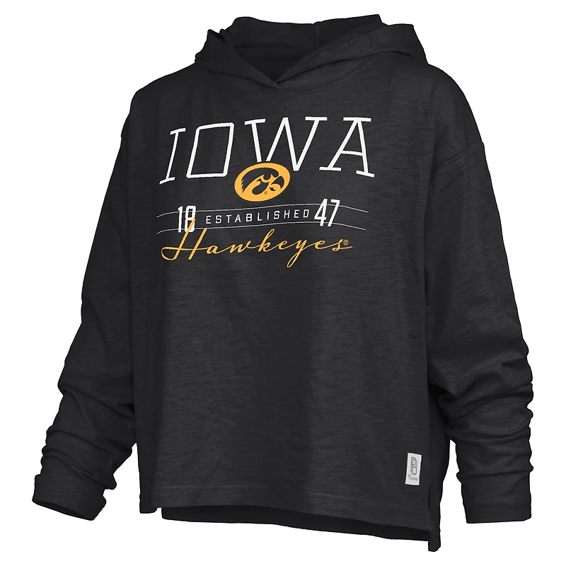 T-shirt à capuche noir Pressbox Iowa Hawkeyes Castillo Slub pour femme, manches longues, taille basse.