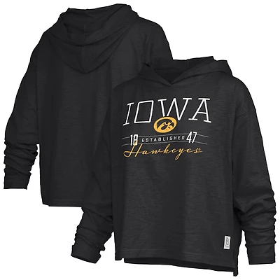 Women's Pressbox  Black Iowa Hawkeyes Castillo Slub Waist Length Long Sleeve Hooded T-Shirt