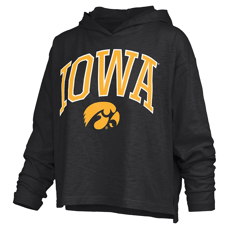 T-shirt à capuche manches longues pour femmes Pressbox Black Iowa Hawkeyes Nelson Arch Over Logo