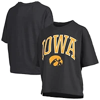 T-shirt surdimensionné flammé noir Pressbox pour femme avec logo Nelson Arch Over et Iowa Hawkeyes, longueur à la taille
