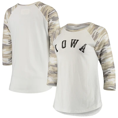 T-shirt blanc/camouflage Iowa Hawkeyes Boyfriend Baseball Raglan à manches 3/4 pour femme