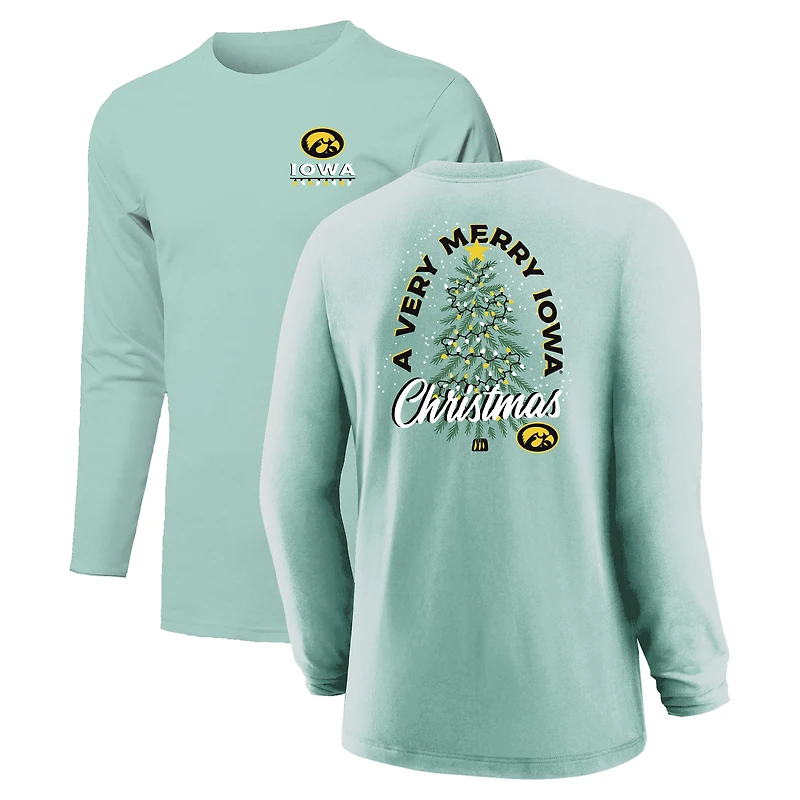 Youth Light Green Iowa Hawkeyes Merry Christmas Tree Long Sleeve T-Shirt