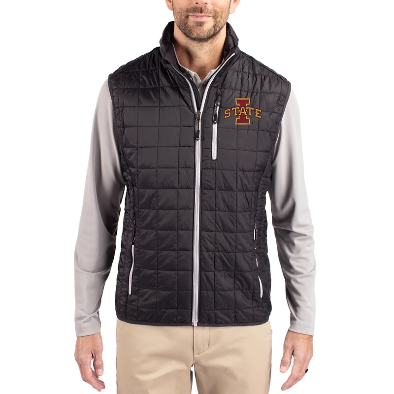 Doudoune sans manches zippée intégrale Cutter & Buck noire Iowa State Cyclones Rainier Eco pour homme