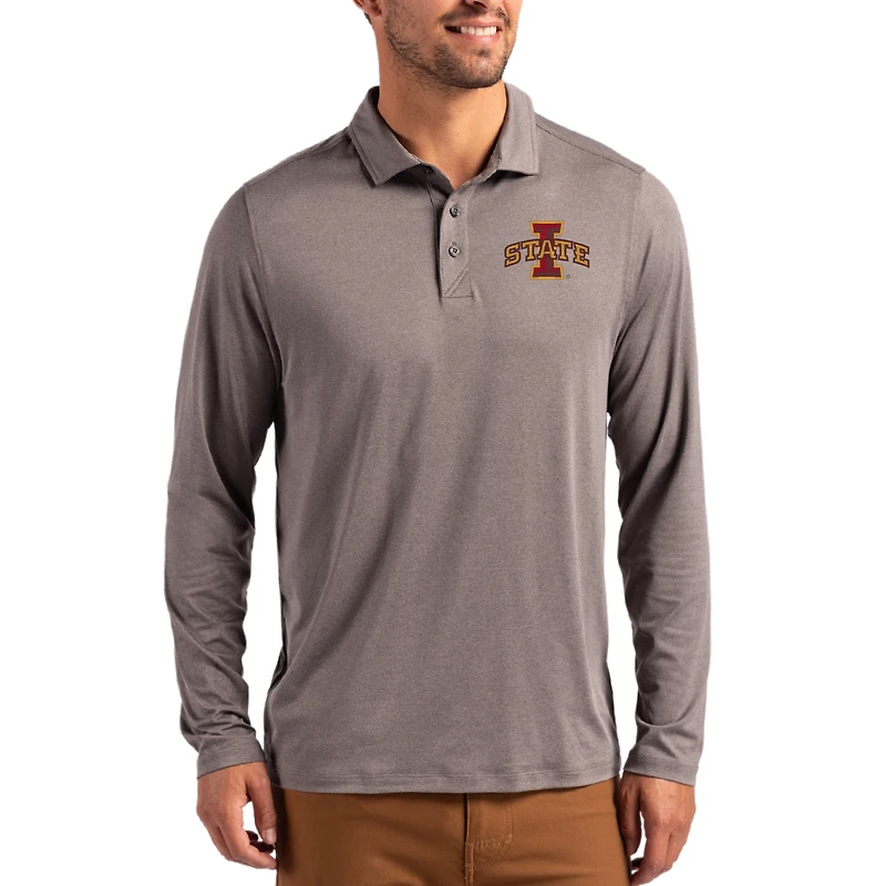 Men's Cutter & Buck Gray Iowa State Cyclones Primary Coastline Epic Comfort Long-Sleeve Polo