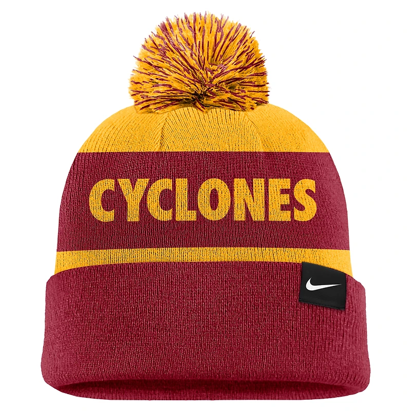 Men's Nike Gold/Crimson Iowa State Cyclones Peak Stripe Cuffed Knit Hat with Pom