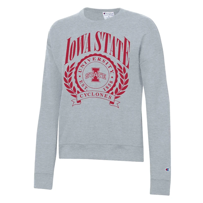 Women's Champion  Heather Gray Iowa State Cyclones Academic Crest Powerblend Crewneck Sweatshirt
