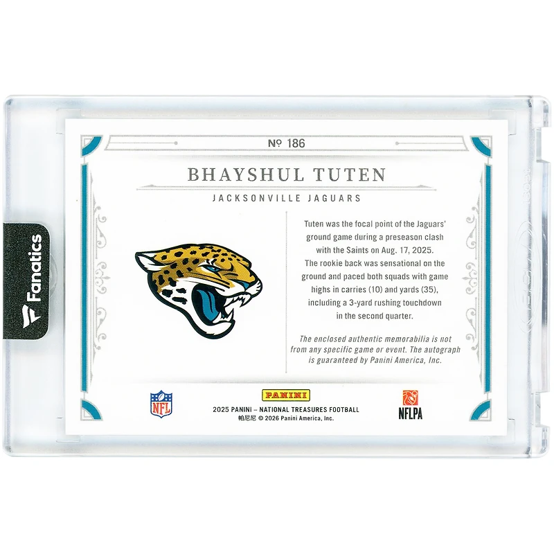Bhayshul Tuten Jacksonville Jaguars Autographed 2025 Panini National Treasures Dual-Color RPA #186 #21/49 Rookie Card