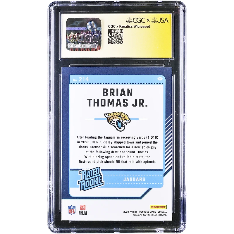 Brian Thomas Jr. Jacksonville Jaguars Autographed 2024 Panini Donruss Optic #214 CGC Authenticated /10 Rookie Card