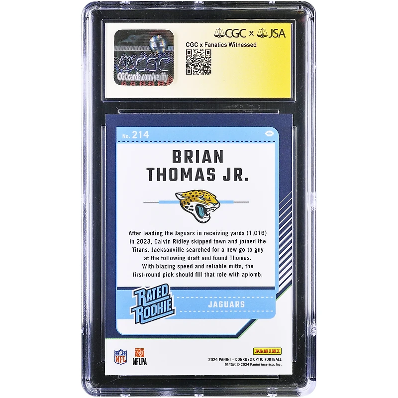 Carte de recrue autographiée de Brian Thomas Jr. (Jaguars de Jacksonville) - Panini Donruss Optic 2024 n° 214, authentifiée par CGC (note 9,5/10)