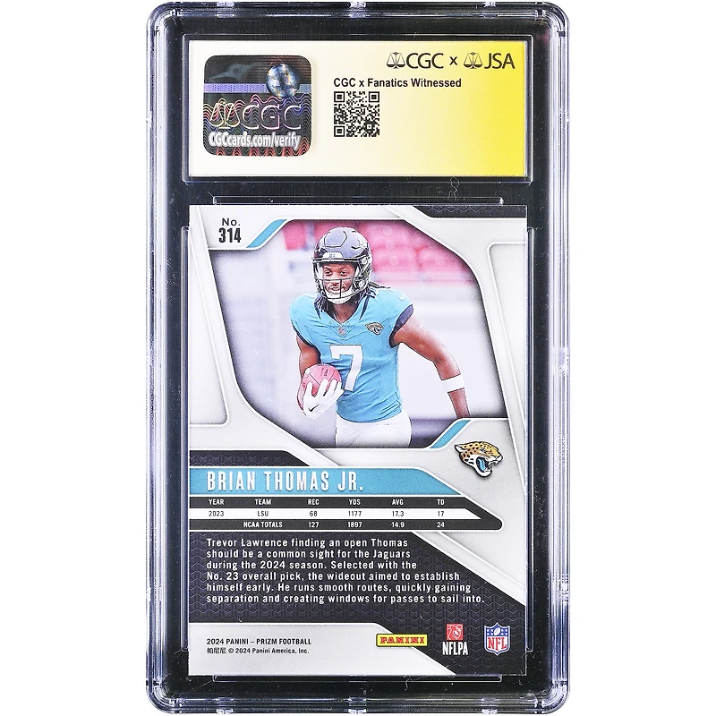 Carte de recrue autographiée de Brian Thomas Jr. (Jaguars de Jacksonville), Panini Prizm 2024 n° 314, authentifiée CGC (9/10).
