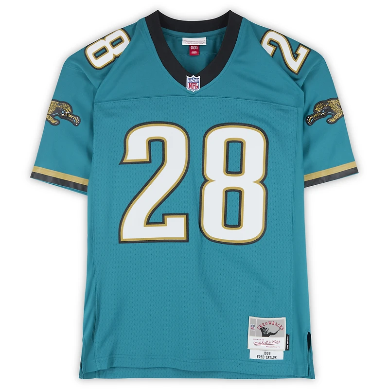 Maillot Mitchell & Ness Legacy 1998 turquoise autographié par Fred Taylor, des Jaguars de Jacksonville, avec inscription « Duuuval ».