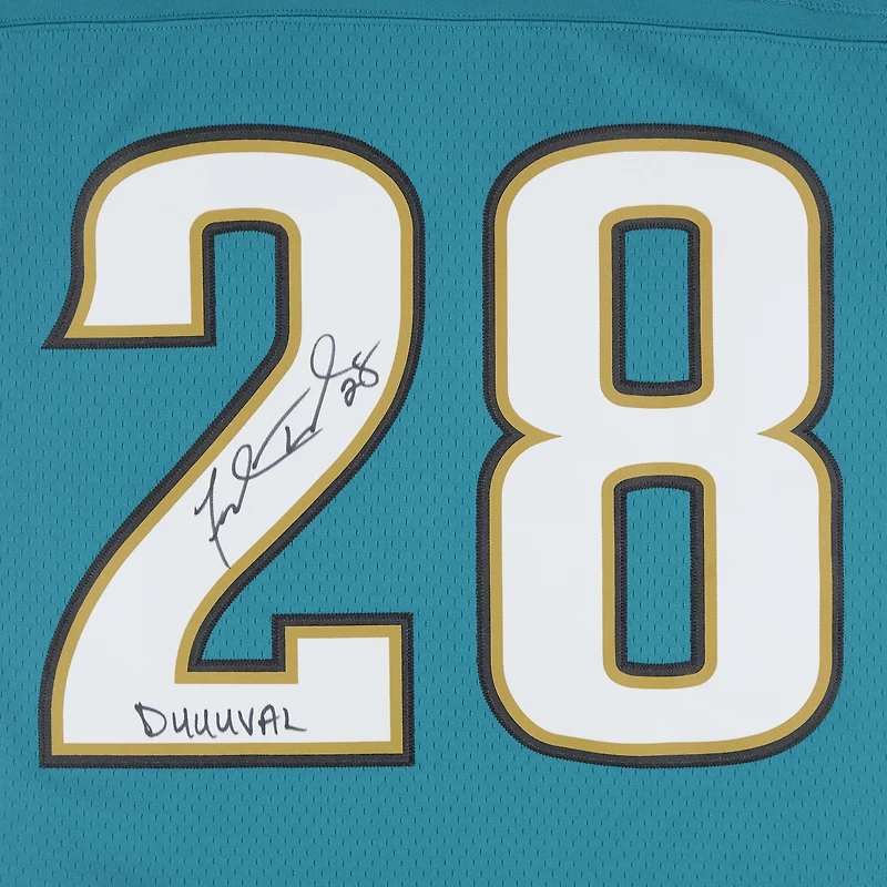 Maillot Mitchell & Ness Legacy 1998 turquoise autographié par Fred Taylor, des Jaguars de Jacksonville, avec inscription « Duuuval ».