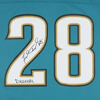 Maillot Mitchell & Ness Legacy 1998 turquoise autographié par Fred Taylor, des Jaguars de Jacksonville, avec inscription « Duuuval ».