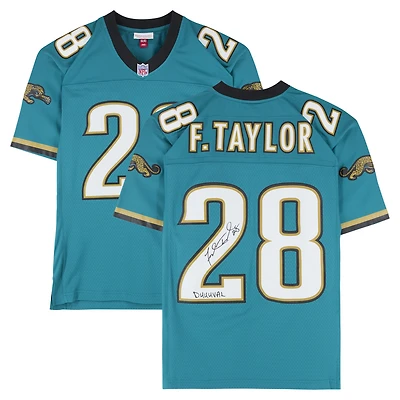 Maillot Mitchell & Ness Legacy 1998 turquoise autographié par Fred Taylor, des Jaguars de Jacksonville, avec inscription « Duuuval ».