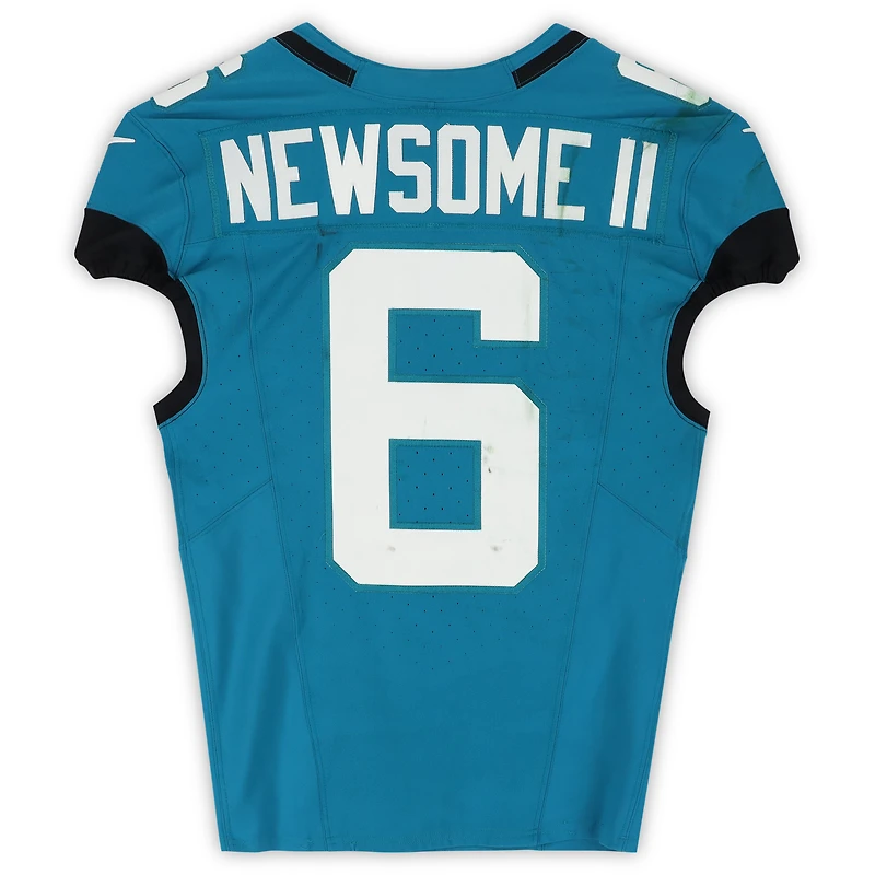 Maillot Nike turquoise n° 6 porté par Greg Newsome II des Jaguars de Jacksonville lors du match contre les Jets de New York le 14 décembre 2025