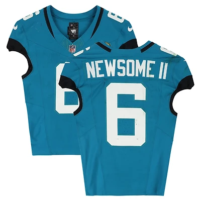 Maillot Nike turquoise n° 6 porté par Greg Newsome II des Jaguars de Jacksonville lors du match contre les Jets de New York le 14 décembre 2025