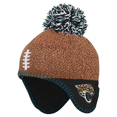 Bonnet tricoté marron pour bébé avec pompon et motif tête de football des Jaguars de Jacksonville