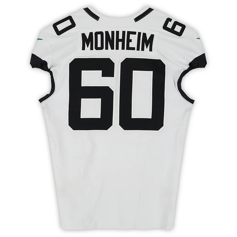 Jonah Monheim Jacksonville Jaguars Game-Used #60 White Nike Jersey vs. Tennessee Titans on November 30, 2025