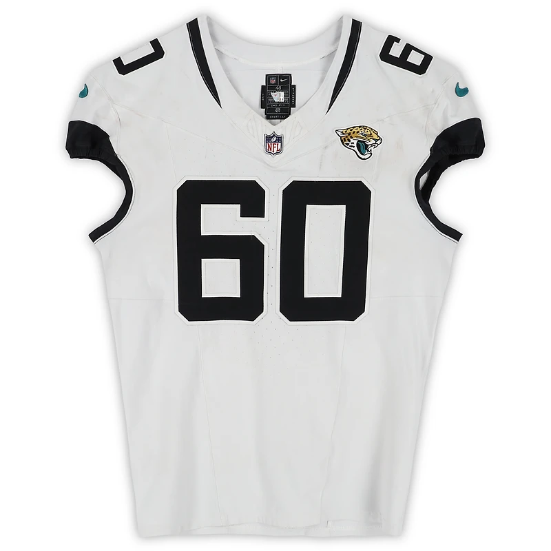Jonah Monheim Jacksonville Jaguars Game-Used #60 White Nike Jersey vs. Tennessee Titans on November 30, 2025