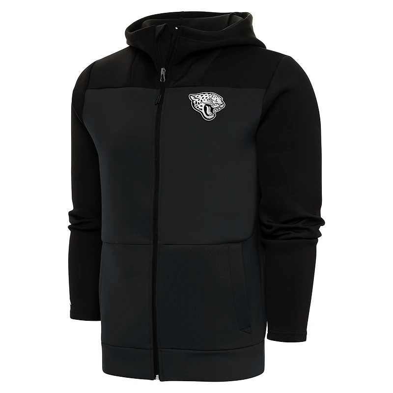 Sweat à capuche zippé intégral pour homme Antigua Charcoal/Black Jacksonville Jaguars avec logo métallique Protect