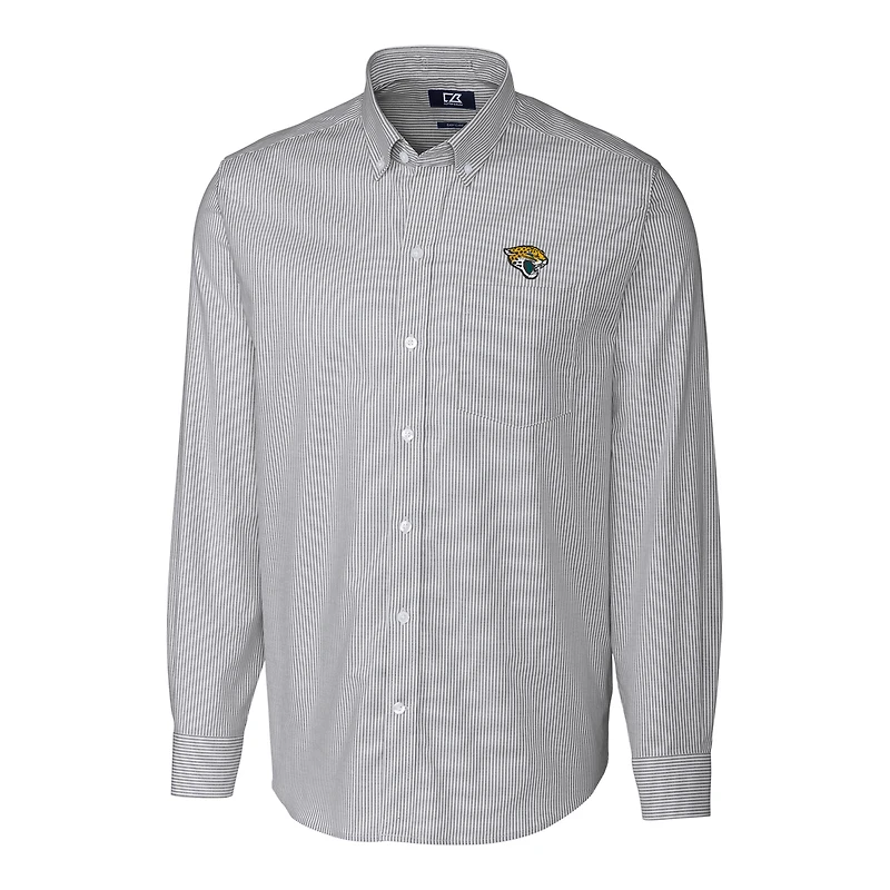 Chemise boutonnée extensible à manches longues et rayures en tissu Oxford pour homme, couleur anthracite, style coupe-vent Jacksonville Jaguars, grande taille