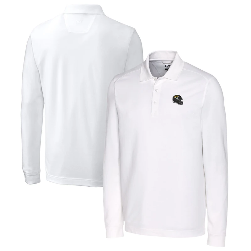 Polo piqué tri-blend blanc à manches longues pour homme, Cutter & Buck, avec logo des Jaguars de Jacksonville