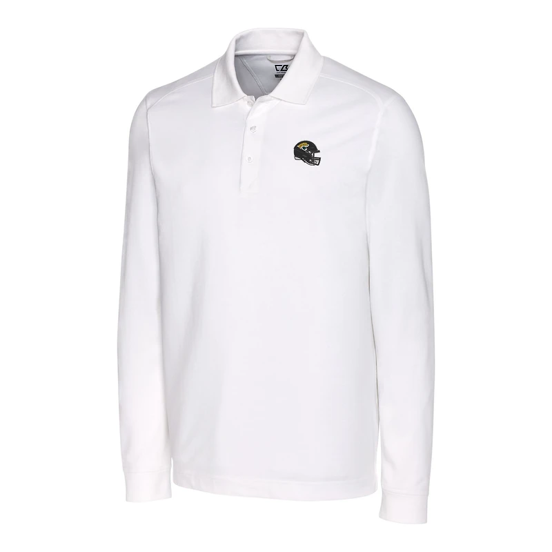 Polo piqué tri-blend blanc à manches longues pour homme, Cutter & Buck, avec logo des Jaguars de Jacksonville