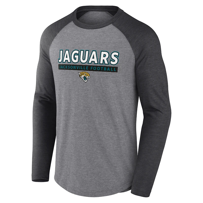 T-shirt à manches longues raglan tri-mélangé Fanatics gris chiné/charbon pour hommes Jacksonville Jaguars
