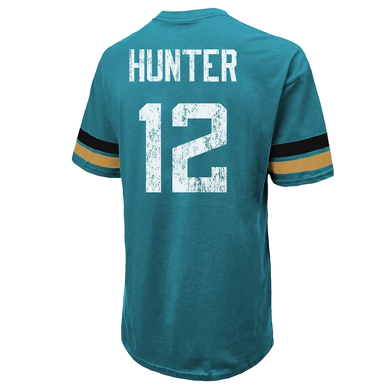 T-shirt homme Majestic Threads Travis Hunter bleu sarcelle Jacksonville Jaguars avec nom et numéro