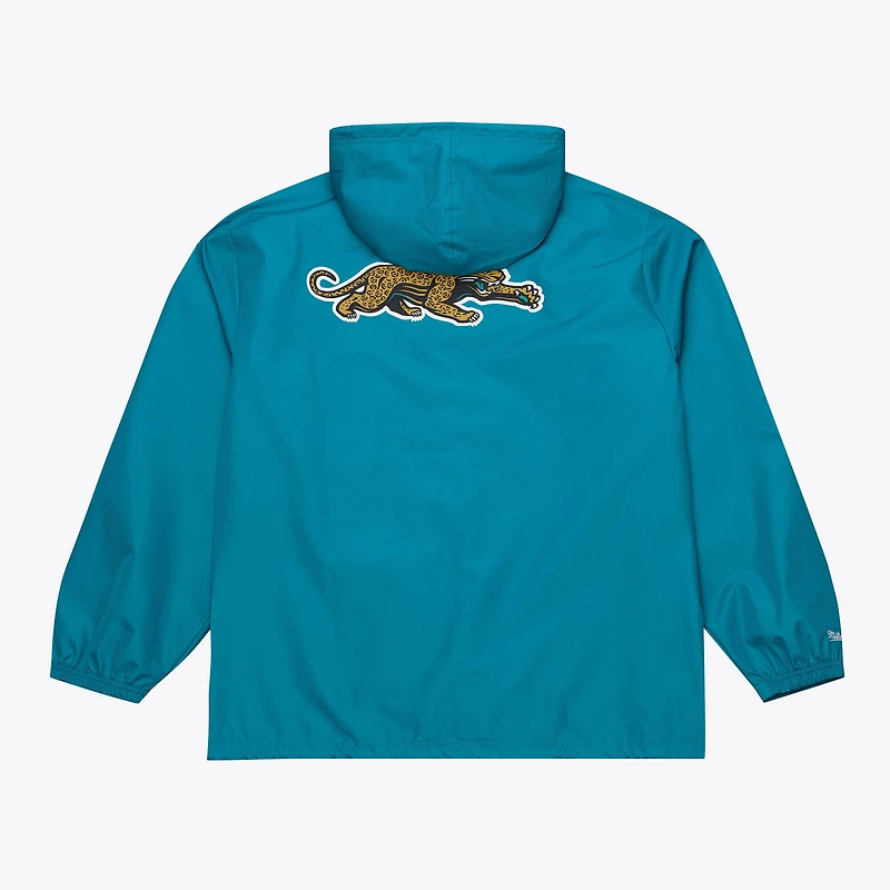 Coupe-vent à capuche Mitchell & Ness pour homme, couleur turquoise, modèle Jacksonville Jaguars Coaches, fermeture boutonnée intégrale