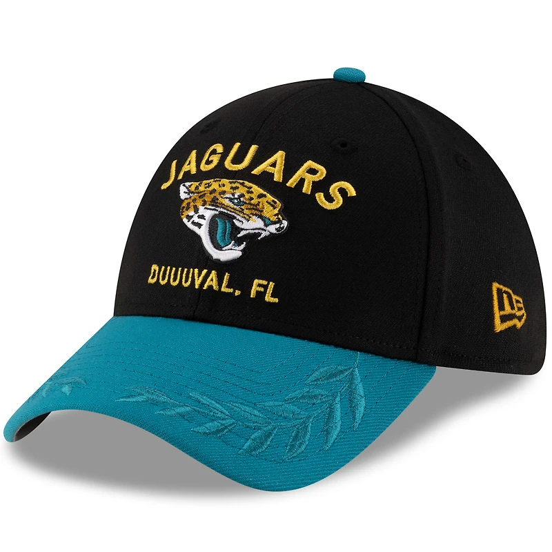 Casquette New Era 39THIRTY Flex noire/bleu sarcelle pour homme, Jacksonville Jaguars, draft NFL 2025